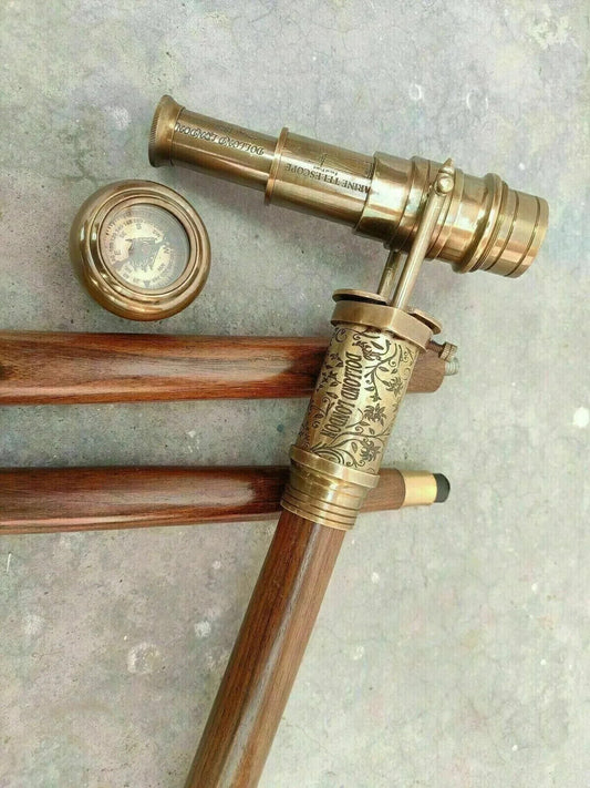 Antique Solid Brass telescope Design Handle Wooden Walking Stick Cane gift