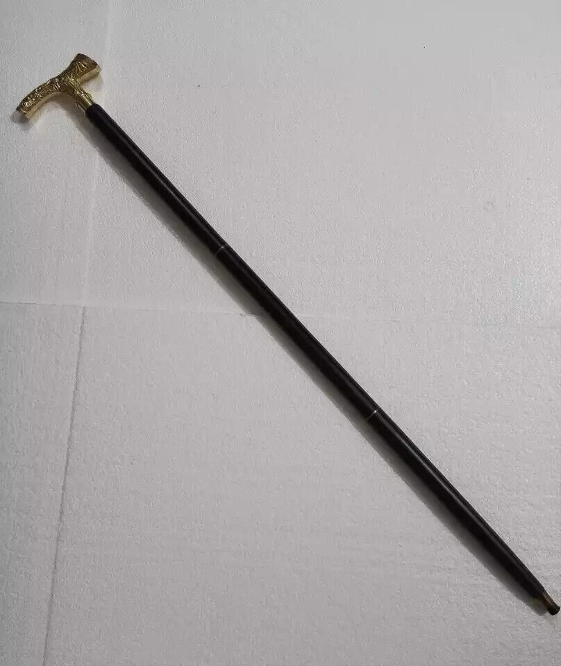 Vintage Antique Wooden Walking Stick Cane Victorian Brass Sujal Head Handle Gif