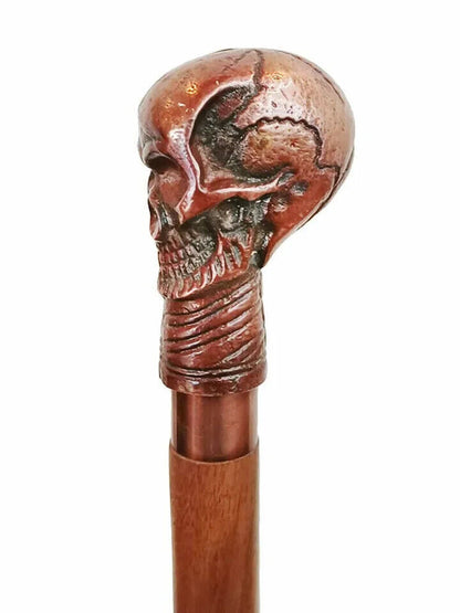 Vintage Antique brass skull head handle 3 fold wooden walking cane stick designe