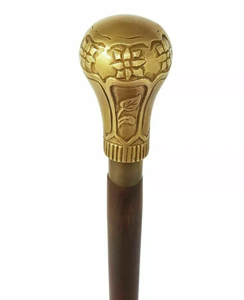 Antique Walking Stick Wooden Victorian Brass Solid Ball Head Handle Vintage Cane