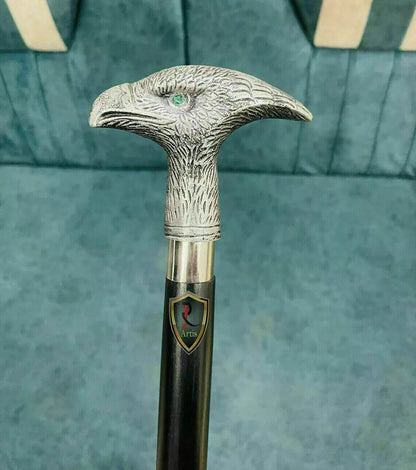 Vintage Wooden Cane Victorian Eagle Head Handle Walking Stick Brass Design Gifts