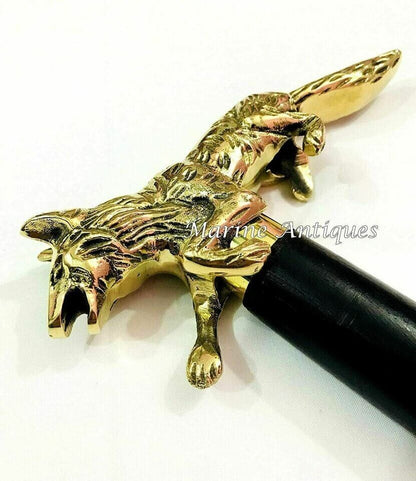 Brass Wolf Handle Black Wooden Walking Stick Vintage Victorian Antique Cane Gift