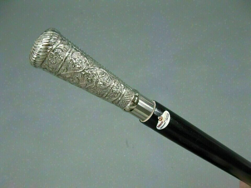 Antique Solid Silver Brass Pillar Head Handle Wooden Walking Stick Vintage Cane