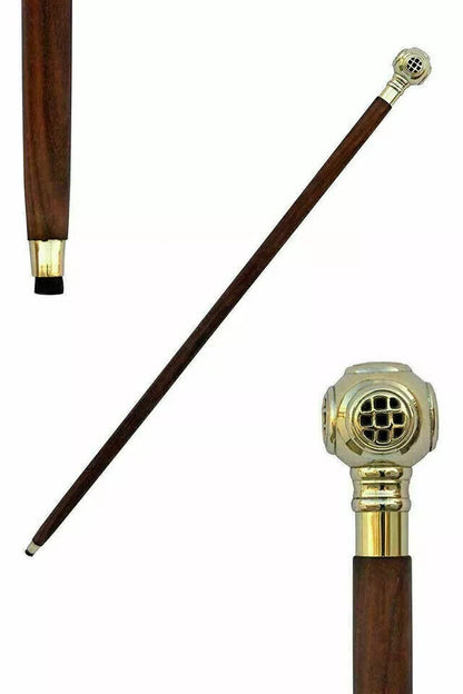 Wooden Walking Stick Handmade Solid Brass Diving Helmet Handle Victorian Cane A