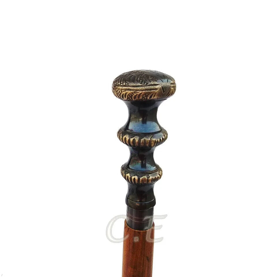 Antique Brass Handle Brown Wooden Walking Stick Cane Vintage Style Handmade Gift