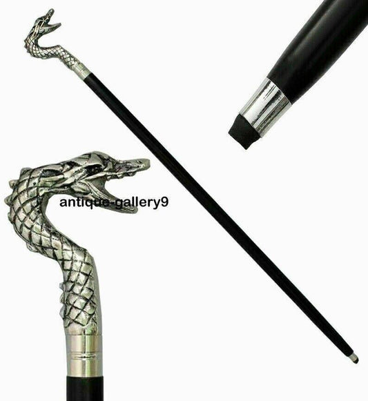 Vintage Aluminum Dragon Silver Handle Walking Stick Wooden Walking Cane Replica