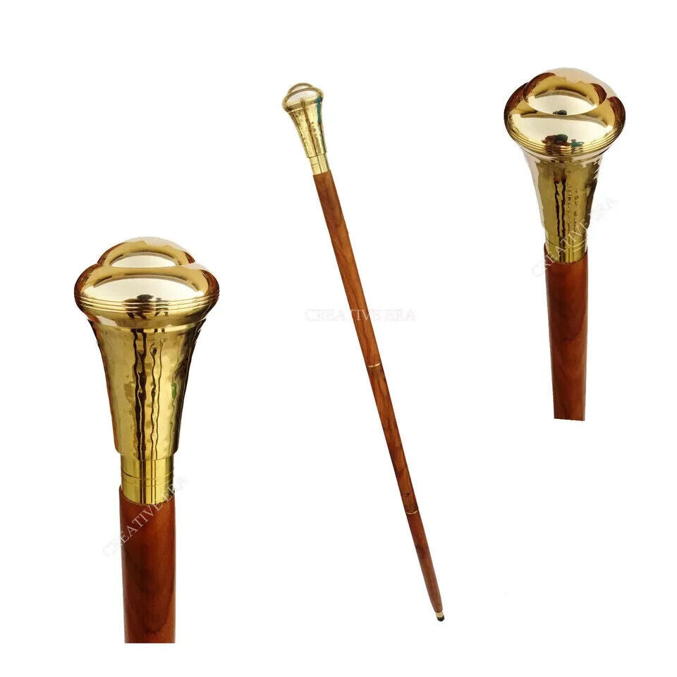 Brass Handle Antique Men's Cane Brown Wooden Walking Stick Vintage Great Gift