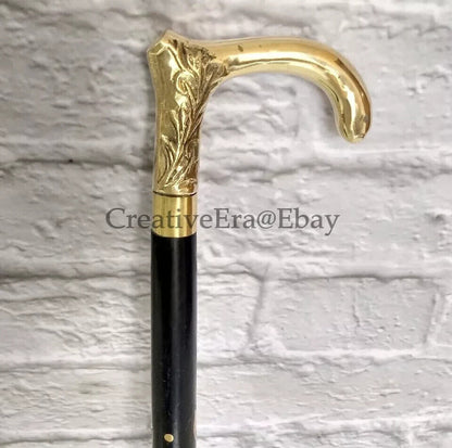 Antique Brass Vintage Head Handle Walking Stick Black Wooden Brass Inlaid Cane