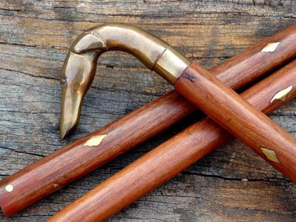 Antique vintage style brass designer head handle stick wooden walking cane gift