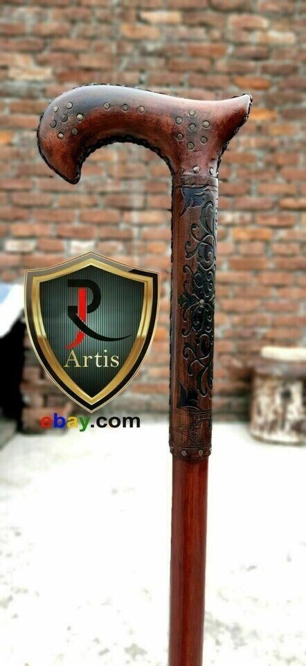 Wooden Cane Walking Stick with Leather Carved Cane Light Comfortable Handle