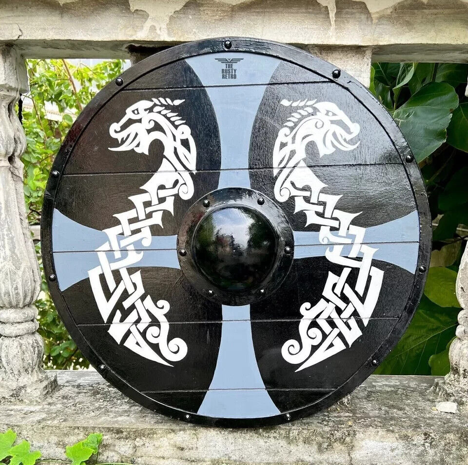 Medieval Wooden Viking Dragon Round Shield Handmade Larp 24" Shield Collectibles