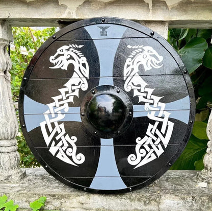 Medieval Wooden Viking Dragon Round Shield Handmade Larp 24" Shield Collectibles