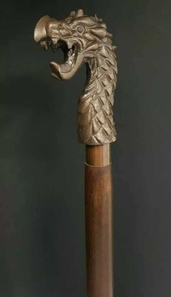 Walking Stick Wooden Cane Style Vintage Dragon Head Copper Antique Metal Handle