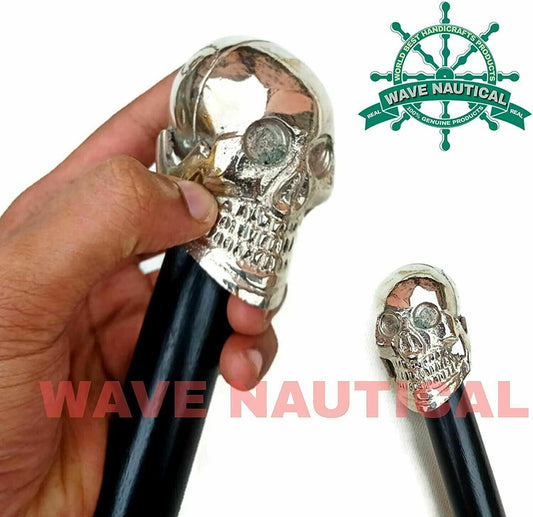 Walking Stick Cane Vintage Style Brass Solid Designer Skull Head Handle Wooden