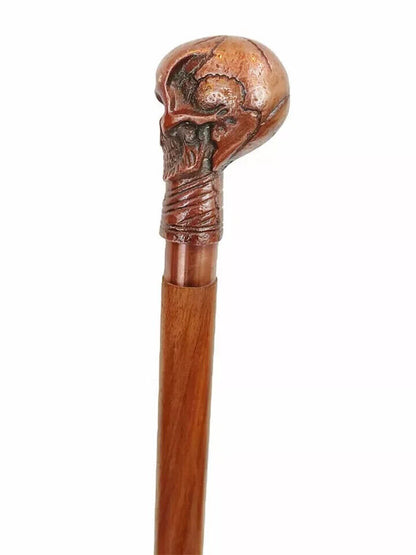 Vintage Antique brass skull head handle 3 fold wooden walking cane stick designe