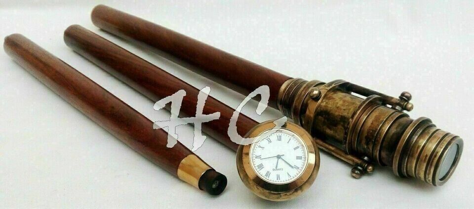 Brass Victorian Telescope Spy Watch Handle Wooden Vintage Walking Stick Cane