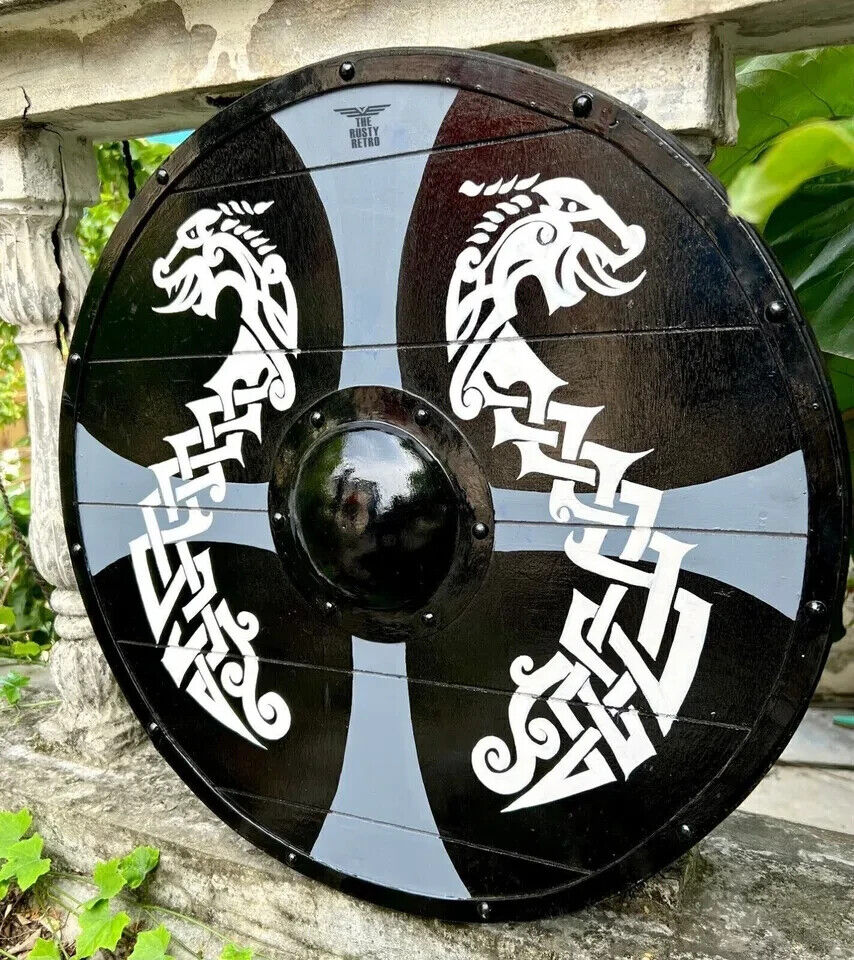 Medieval Wooden Viking Dragon Round Shield Handmade Larp 24" Shield Collectibles