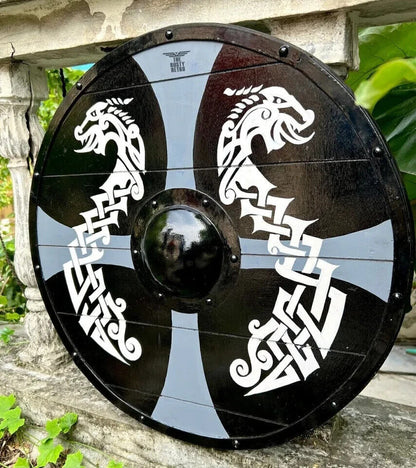 Medieval Wooden Viking Dragon Round Shield Handmade Larp 24" Shield Collectibles