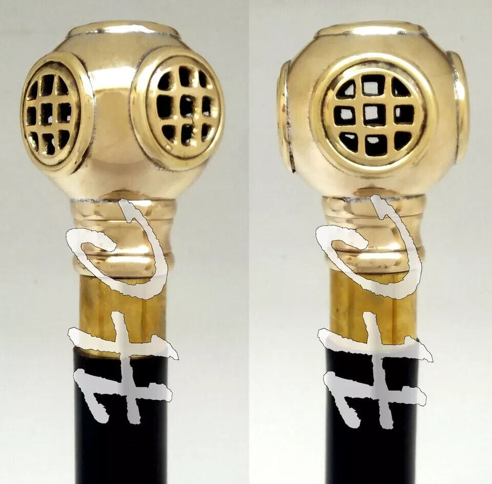 Deep Sea Diving Helmet Walking Stick Nautical Brass Handle Black Wooden Cane