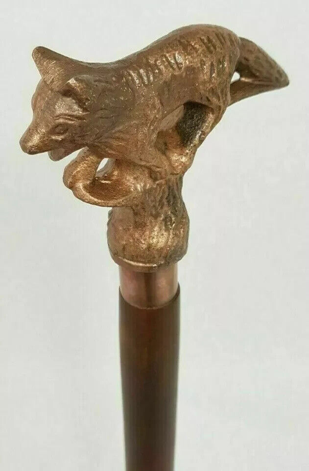 Walking Stick Wooden Cane Style Vintage Fox Head Copper Antique Metal Handle