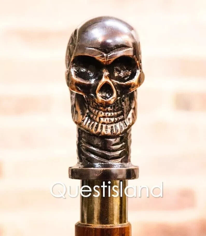 Walking Stick Skull Head Handle Wooden Victorian Foldable Cane Collectable Men's