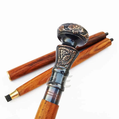 Antique Brass Handle Brown Wooden Walking Stick Cane Vintage Style Handmade Gift