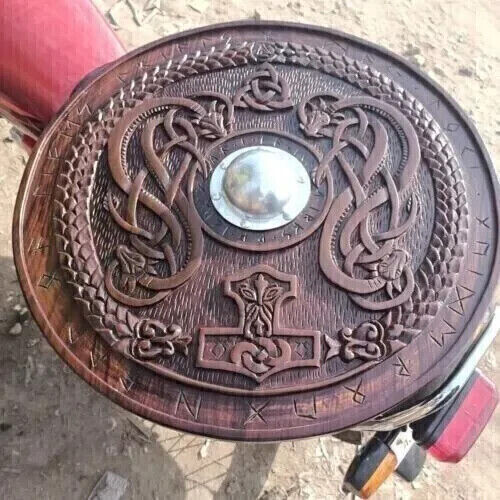 Viking Shield With Carved Norse Runic Ornaments Battleworn Wooden Shield 24" M