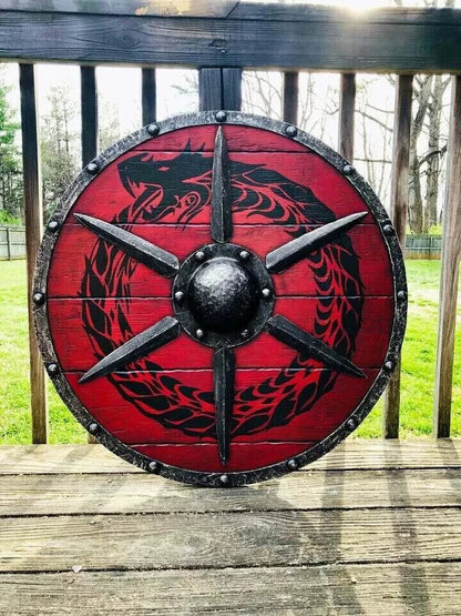 Medieval RED Ouroboros Battleworn Viking Shield