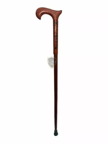 New Comfortable Light Leather Carved Handle Wooden Walking Stick with Cane Gift