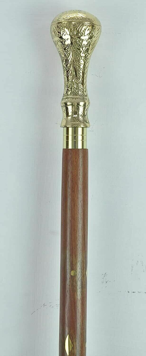 CLASSIC STYLE WOODEN WALKING STICK CANE BRASS ENGRAVED HANDLE SHINY POLISHED NEW