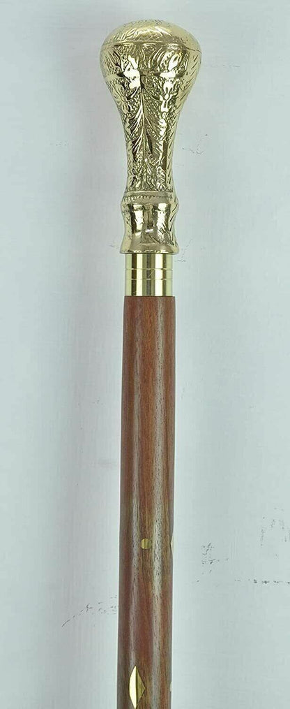 CLASSIC STYLE WOODEN WALKING STICK CANE BRASS ENGRAVED HANDLE SHINY POLISHED NEW