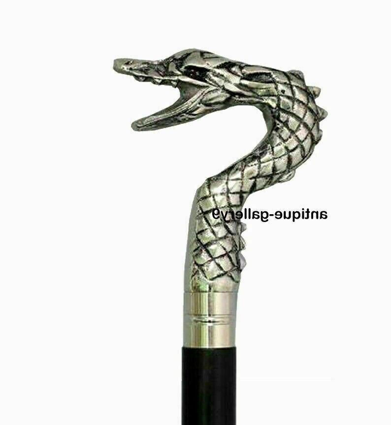 Vintage Aluminum Dragon Silver Handle Walking Stick Wooden Walking Cane Replica