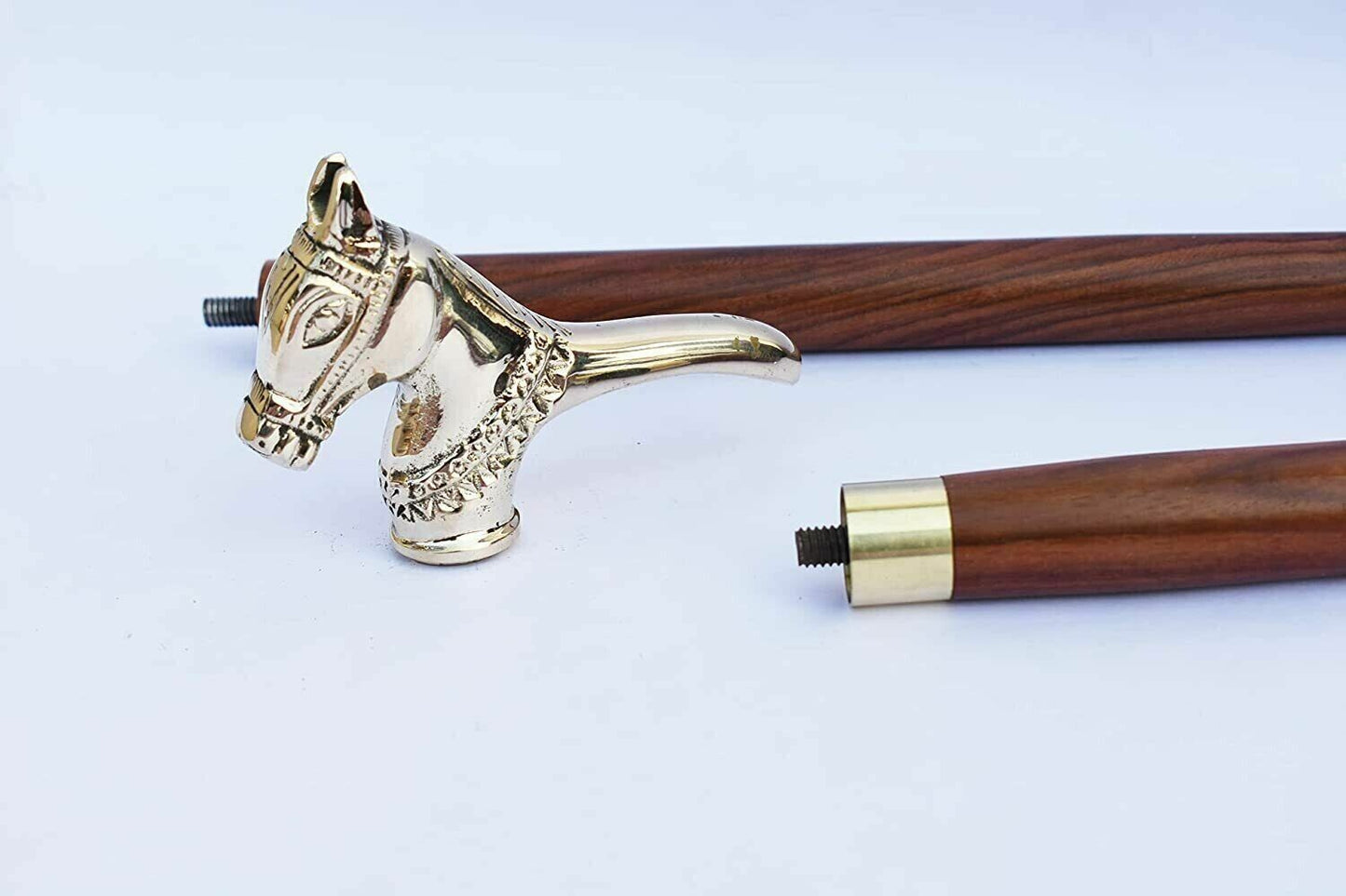 Brass Walking Stick Cane Red Wood THWO Fold Unique Horse Design Handle Best Gift