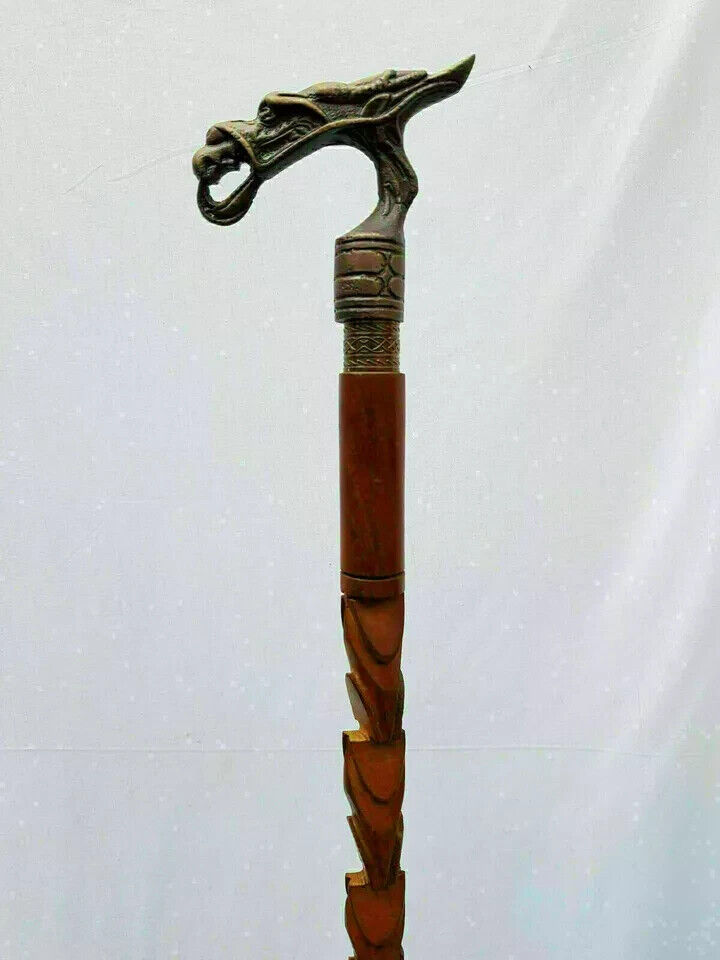 Vintage Dragon Handle Walking Stick Wooden Designer Brown Aluminum Head Cane