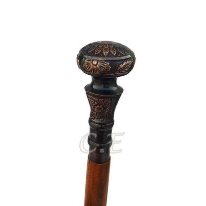 Antique Brass Handle Brown Wooden Walking Stick Cane Vintage Style Handmade Gift