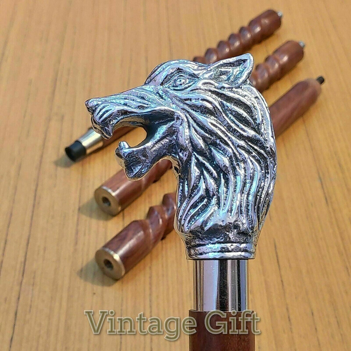 Antique Vintage Style Wolf Head Handle Wood Walking Stick Cane Handmade Design