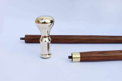 Brass Plain Walking Stick Cane Red Wood Two Fold Design Handle Best for Costume