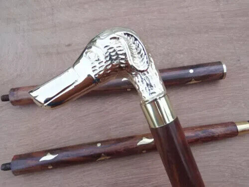 Antique Brass Elephant Head Handle Handmade Style Wooden Walking Stick Cane Gift