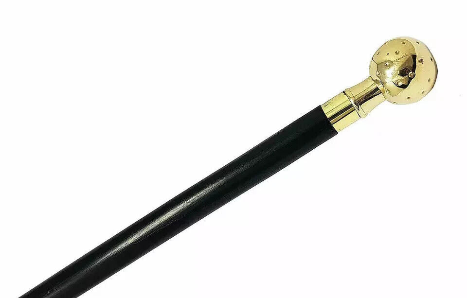 Brass KNOB Handle Black Vintage Wooden Walking Stick Cane Golden HALLOWEEN GIFT