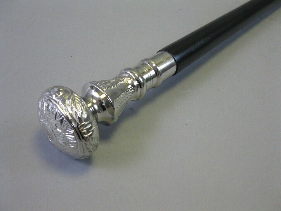 VINTAGE WOODEN WALKING STICK CANE BRASS EMBOSSED PILLAR HANDLE NICKEL FINISH