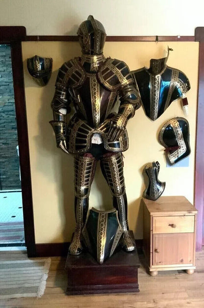 This stunning Medieval German Armour of Gold Etched Knight Suit of Armor Replica