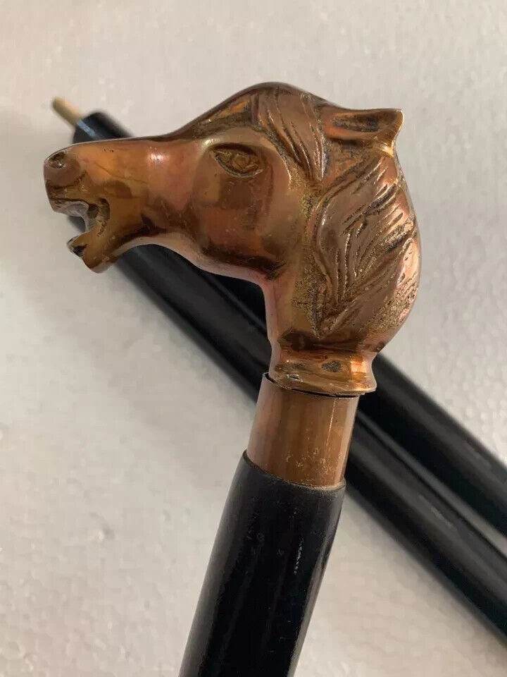 Antique Brass Horse Head Handle Vintage Victorian Wooden Walking Stick Cane Gift