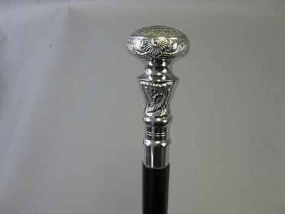 VINTAGE WOODEN WALKING STICK CANE BRASS EMBOSSED PILLAR HANDLE NICKEL FINISH