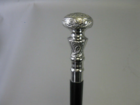 VINTAGE WOODEN WALKING STICK CANE BRASS EMBOSSED PILLAR HANDLE NICKEL FINISH