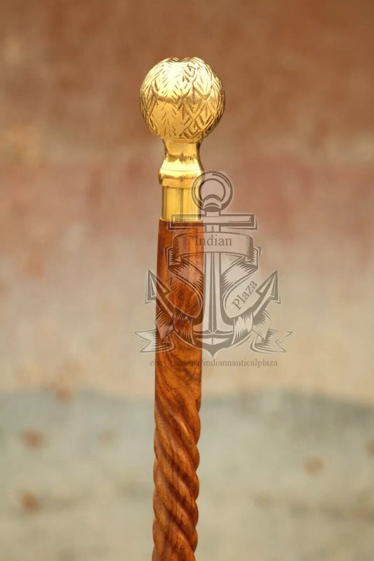 VINTAGE BALL HEAD WOODEN WALKING CANE SPIRAL ROPE STYLE DESIGNER ANTIQUE GIFT