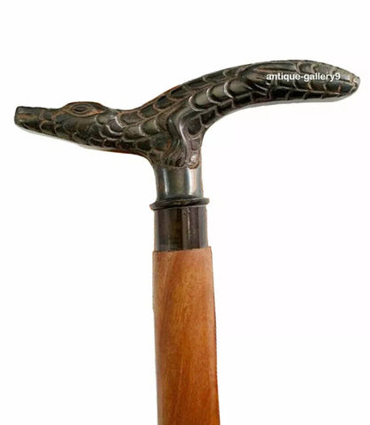 Vintage Wooden Walking Stick Cane Designer Dragon Head Antique Handle Style Gift