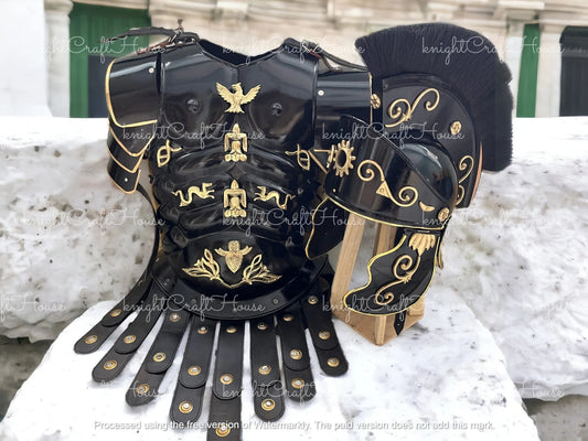 Roman Black Muscle Armor Set – Medieval Greek Gladiator Cuirass with Helmet & Pauldrons | Spartan 300, LARP, Cosplay, Halloween Costume