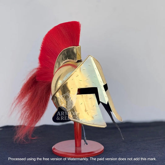 Golden Spartan Helmet – King Leonidas 300 Movie Authentic Replica Steel Knight Helmet with Wooden Display Stand