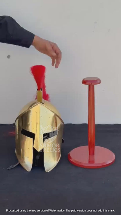 Golden Spartan Helmet – King Leonidas 300 Movie Authentic Replica Steel Knight Helmet with Wooden Display Stand